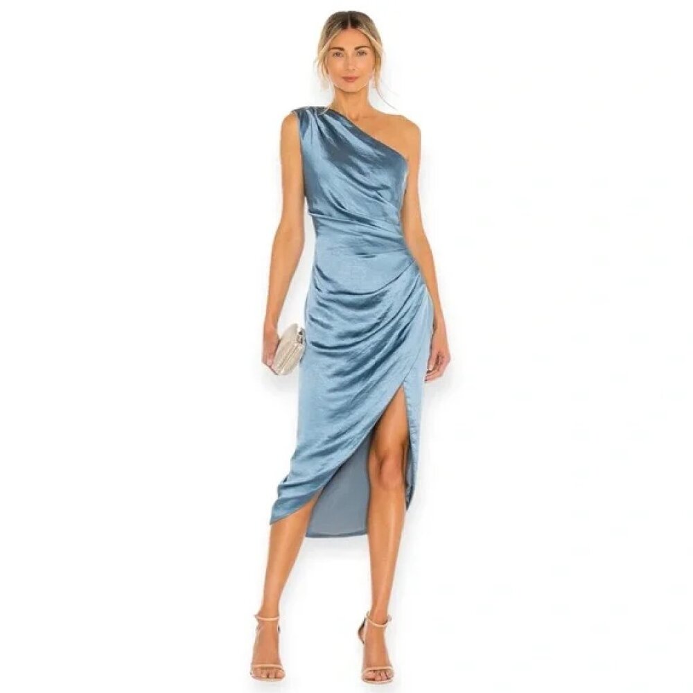 NWT Elliatt One Shoulder Pleated Cassini Hi-Low Satin Midi Dress in Blue XS